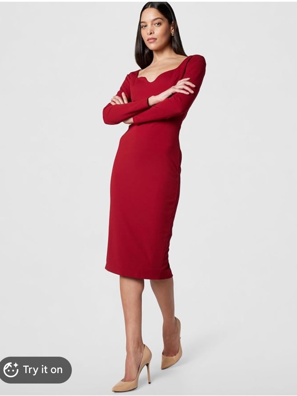 Dress the Population -  Sonia Long Sleeve Bodycon Knee Length Midi Dress Red XL